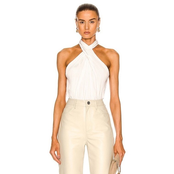 A.L.C. Glace Cream Pleated Halter Neck Keyhole Back Spring 2022 Rio Top EUC 00